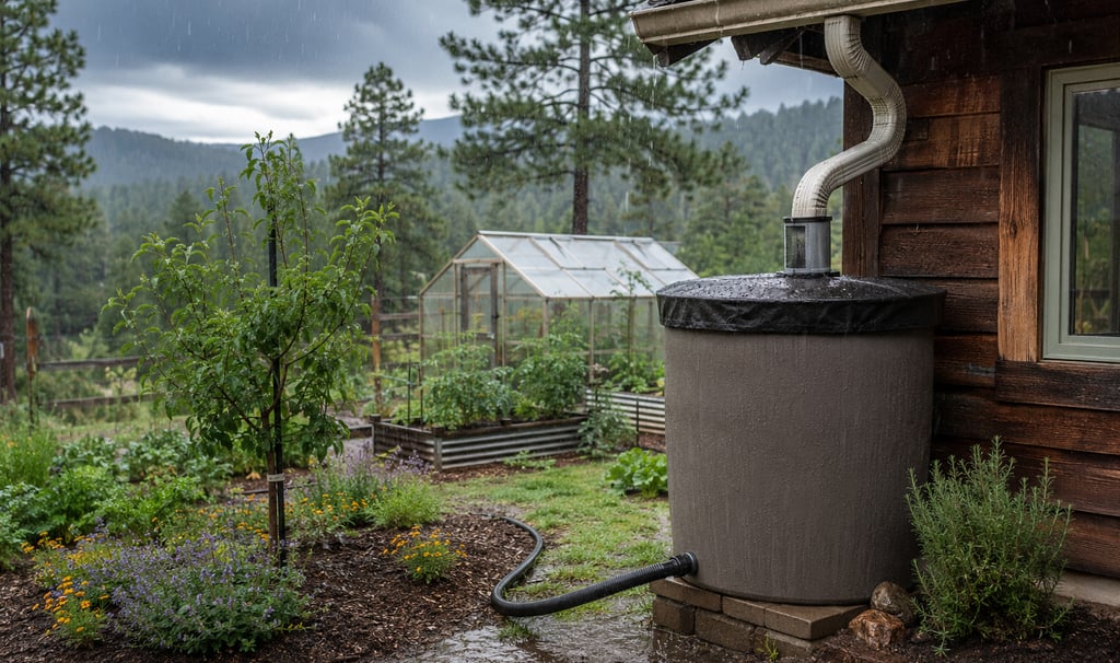 Rain barrel harvesting water from a gutter system in a lush vegetable garden with a greenhouse.