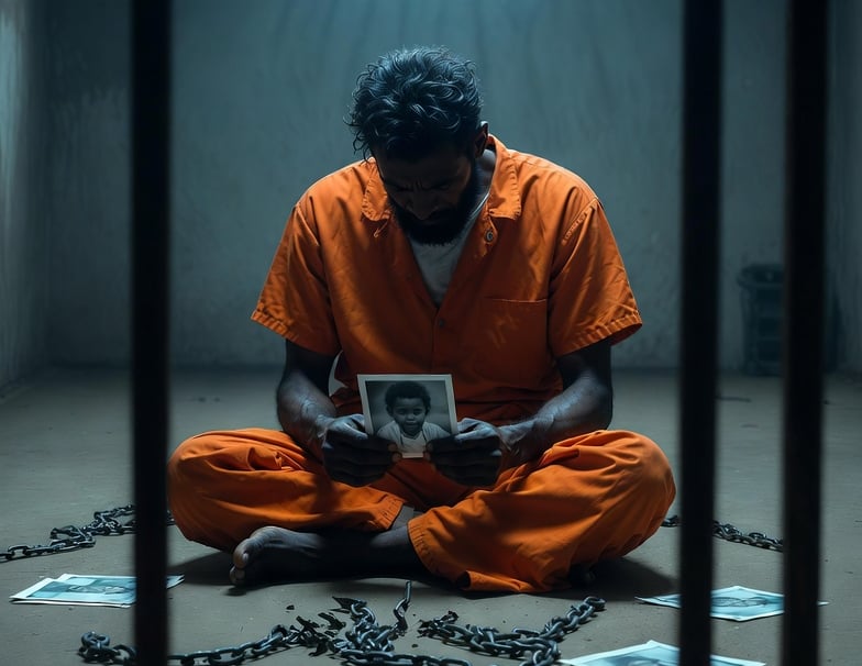 A father jailed for unpaid child support sits on a jail cell floor staring at a photo of his child