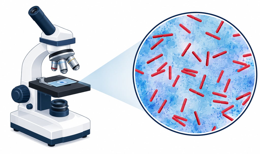 microscopio con una vista ampliada de bacilos de tuberculosis