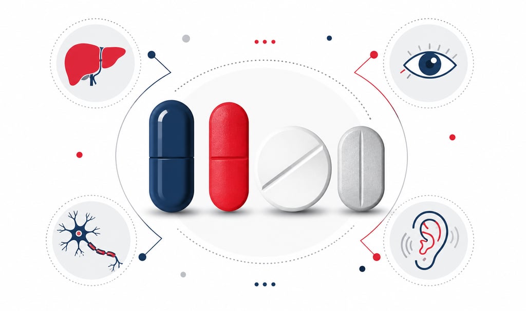 Ilustración de los cuatro medicamentos del tratamiento de tuberculosis 