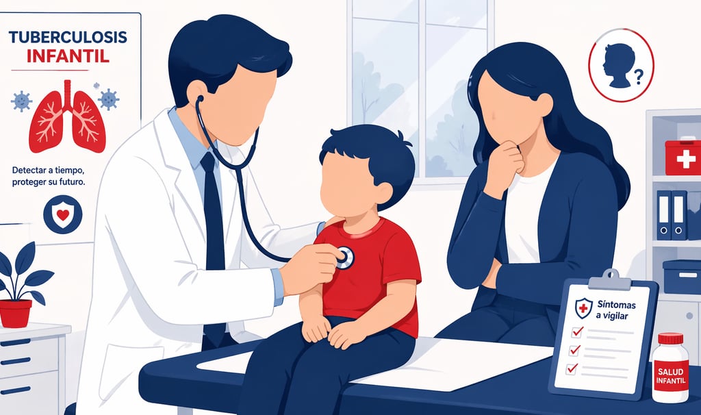 Médico pediatra examinando a niño menor de 5 años por sospecha de tbc infantil