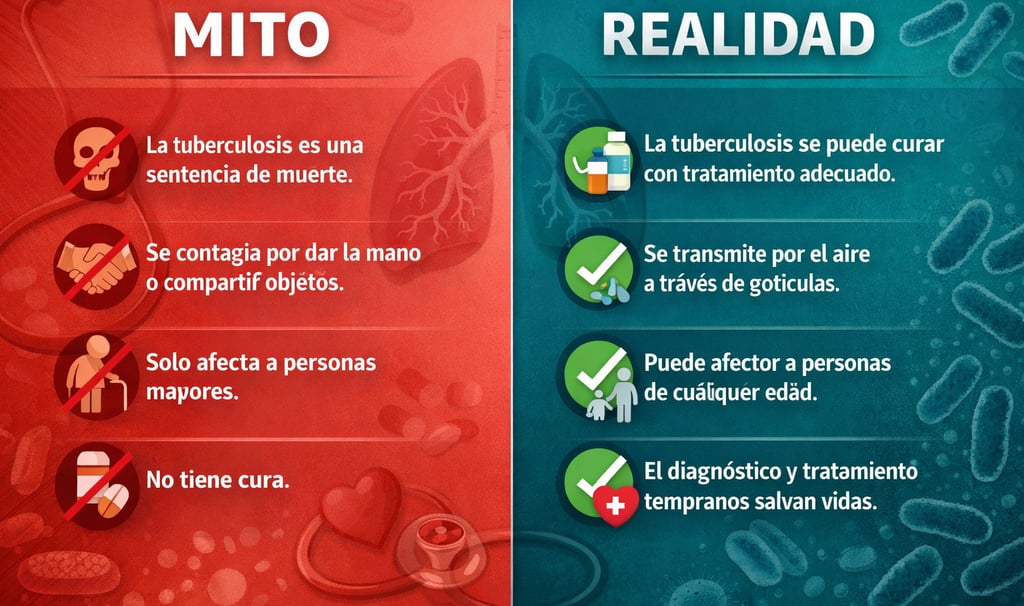 Infografía comparando mitos y realidades sobre tuberculosis con iconos visuales