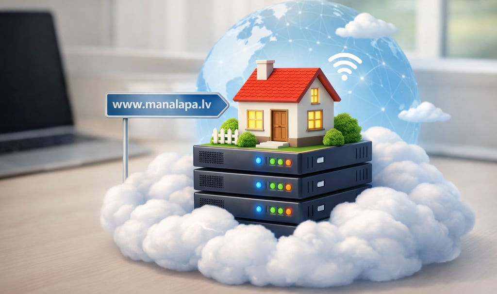 Mājaslapas hostinga ilustrācija — māja uz servera mākoņvidē ar domēna un interneta savienojuma simboliem