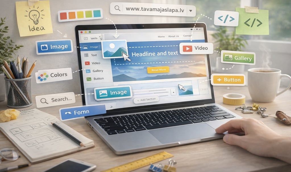 Mājaslapas konstruktors — vizuāls website builder rīks ar drag and drop elementiem uz datora ekrāna