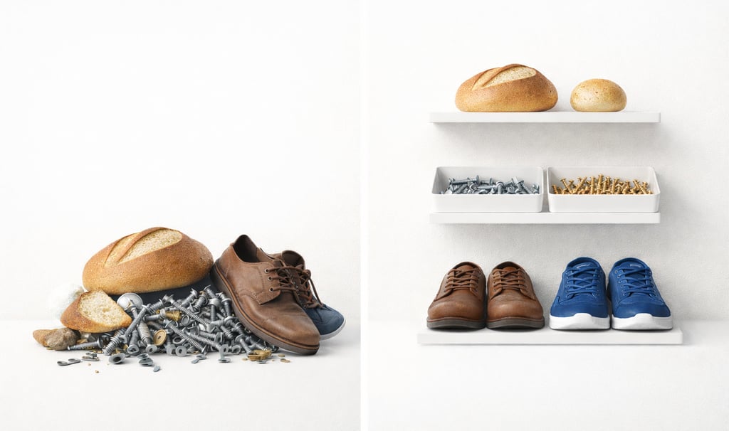 Minimālistiska ilustrācija ar nekārtīgu preču kaudzi un sakārtotām precēm baltos plauktos