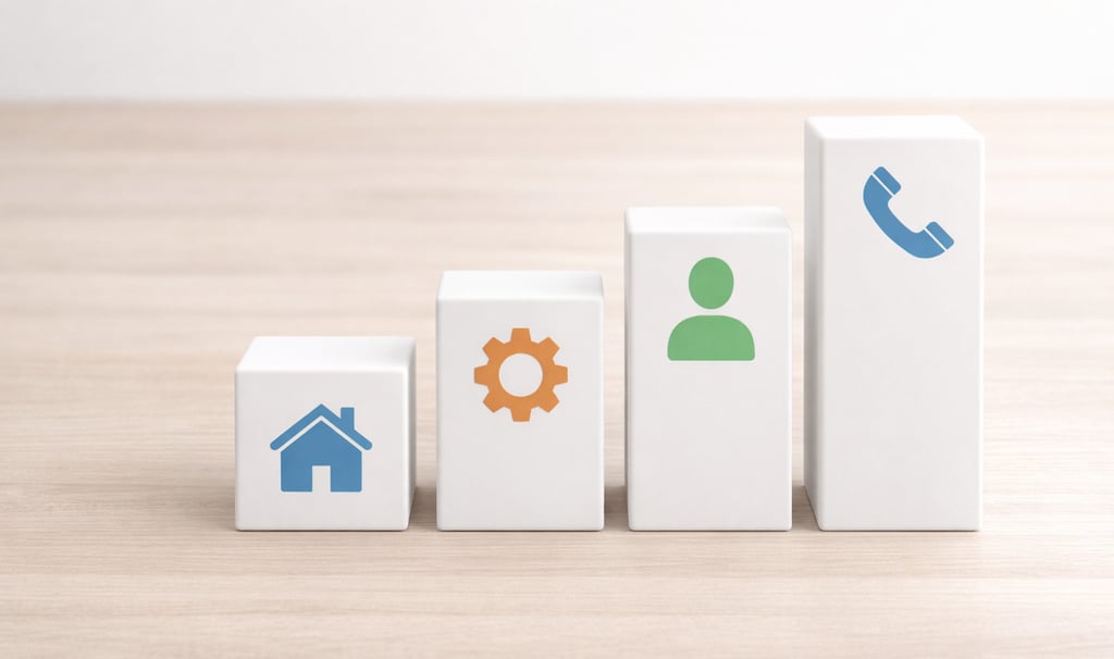 Mājaslapas struktūras vizualizācija ar četrām galvenajām sadaļām uz baltiem blokiem