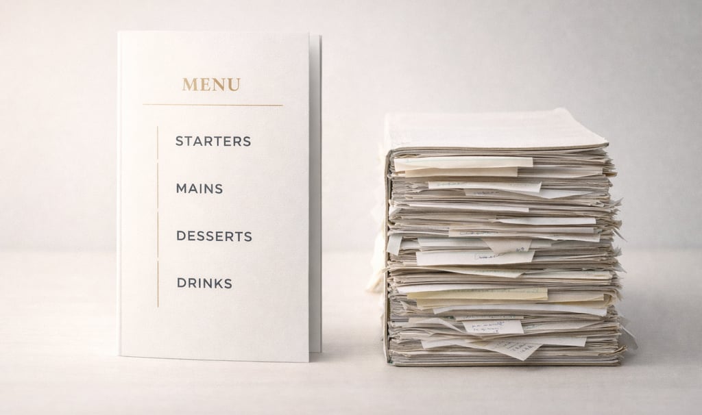 Mazāk ir labāk metafora – vienkārša ēdienkarte salīdzinājumā ar haotisku informācijas kaudzi