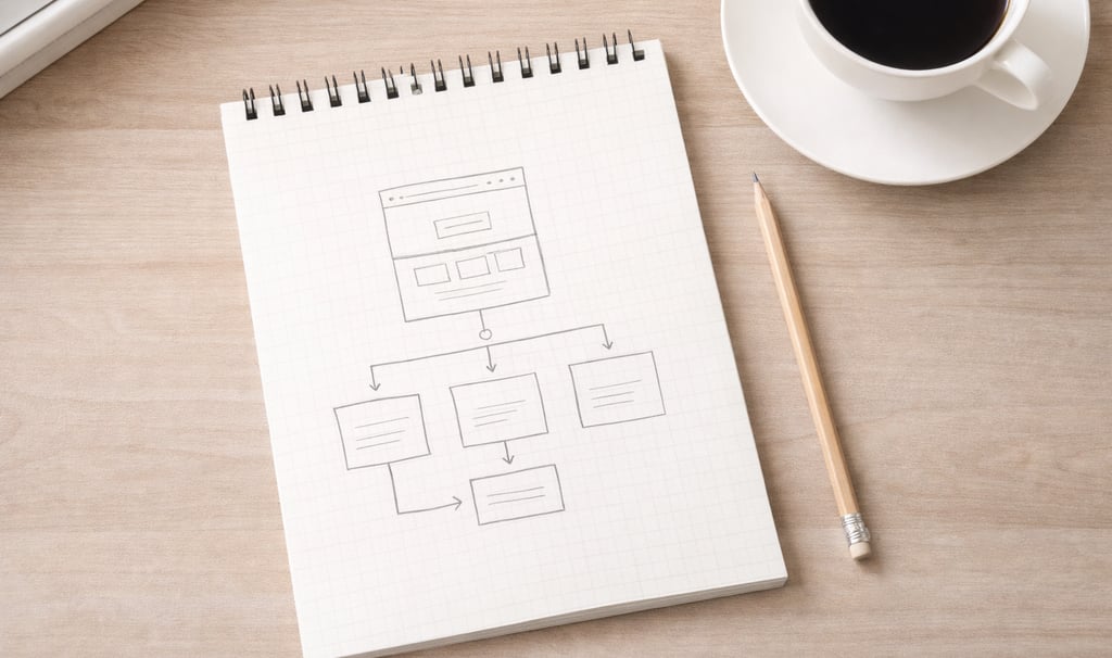 Mājaslapas struktūras plānošana – skice burtnīcā ar savienotiem sadaļu blokiem