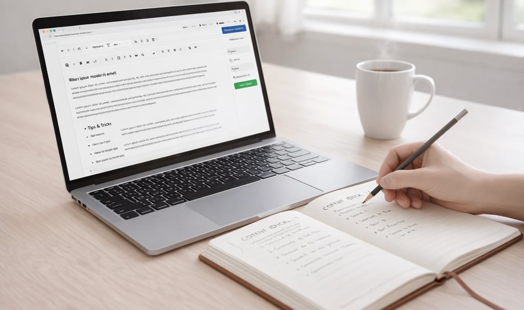Mājaslapas satura veidošana – laptops ar teksta redaktoru un piezīmju klade ar satura idejām uz minimālistiska darba galda