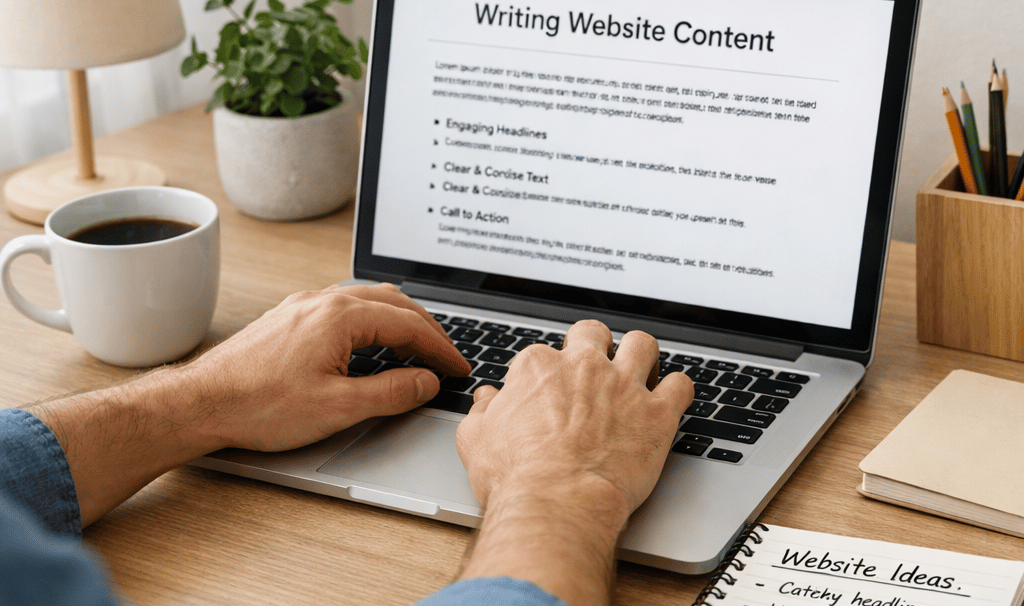 Cilvēks raksta mājaslapas saturu datorā pie minimālistiska darba galda ar piezīmēm un kafiju