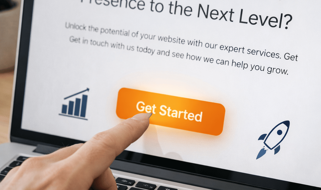 Pirksts nospiež mājaslapas CTA pogu uz laptopa ekrāna – aicinājums uz darbību mājaslapā