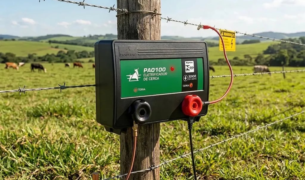 Aparelho de choque Pampeano PA0100 instalado em cerca rural sob sol forte, mostrando o equipamento e