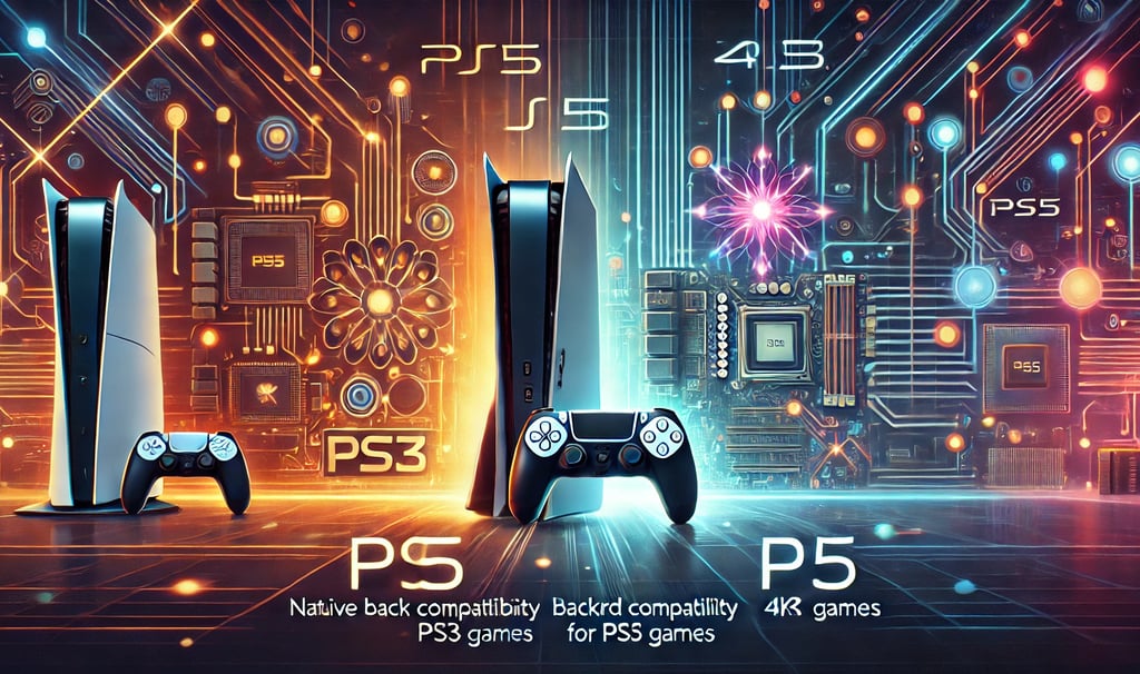 PS5 com símbolos de CPU, GPU e luzes 4K representando os avanços técnicos em relação ao PS3.