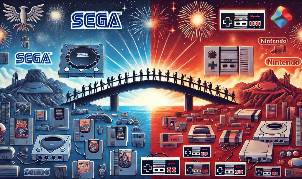 o legado da rivalidade Sega e Nintendo com consoles clássicos, uma ponte de cartuchos e elementos