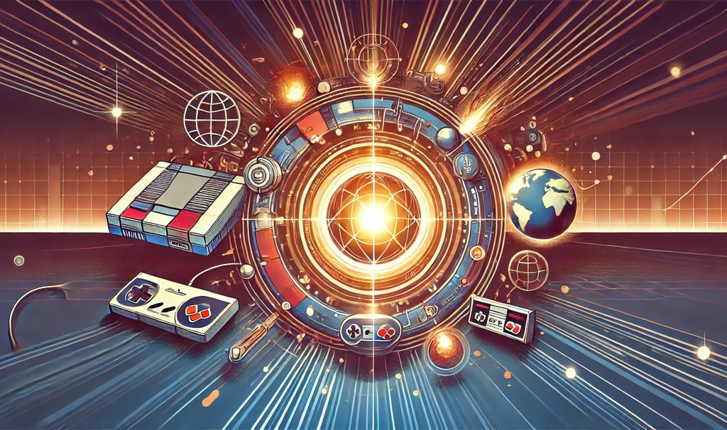 reflexões sobre jogos adaptados, com elementos como consoles retrô, tecnologias futuristas e impacto