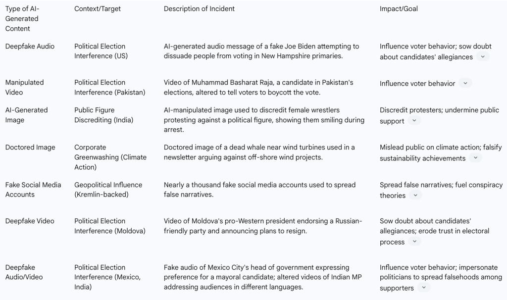 Table: Key Instances of AI-Generated Disinformation Campaigns