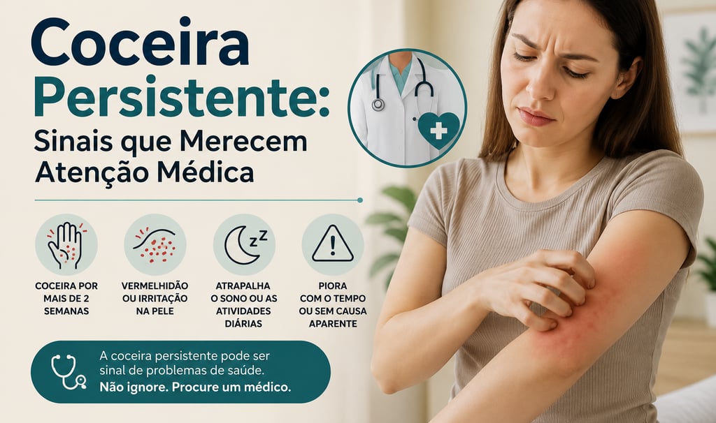 Mulher com coceira persistente no braço e sinais de alerta.