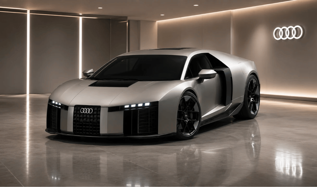 Audi Nuvolari de 986 cv em showroom de luxo com design futurista e visual agressivo
