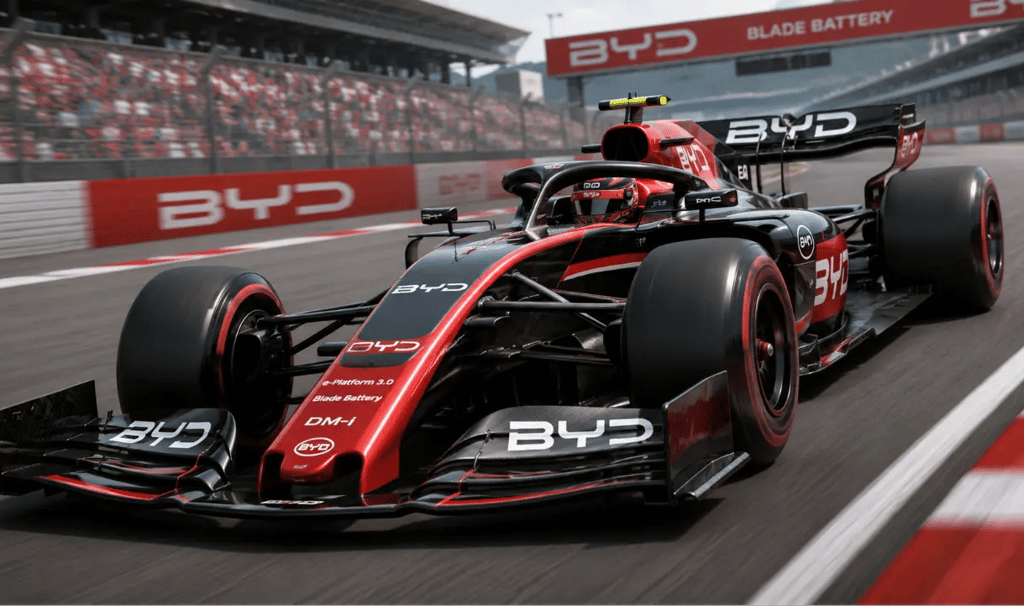 Conceito de carro de Fórmula 1 da BYD em pista de corrida