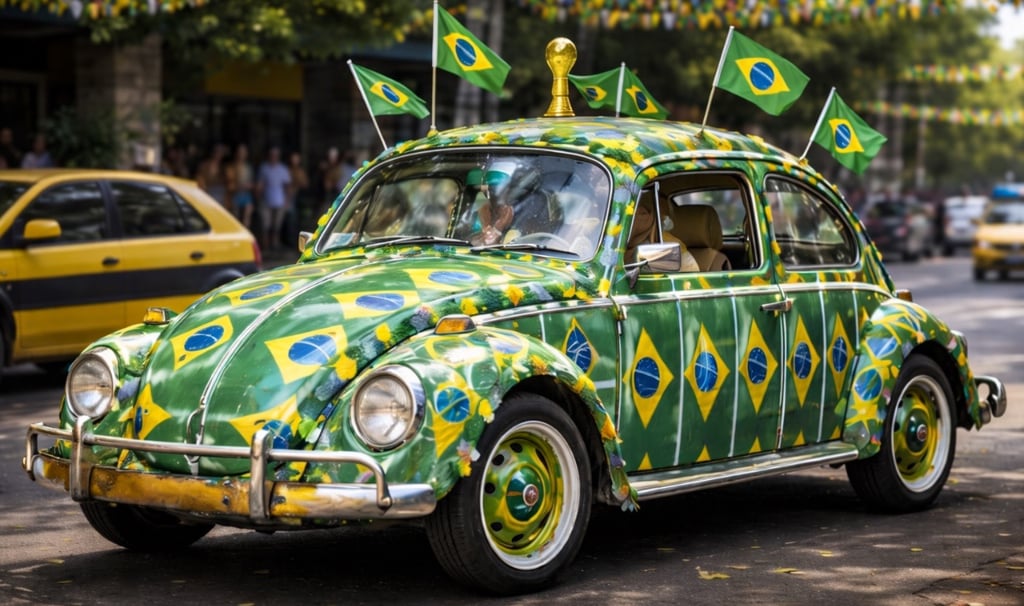 Fusca decorado com bandeiras do Brasil durante a Copa do Mundo em rua com clima festivo