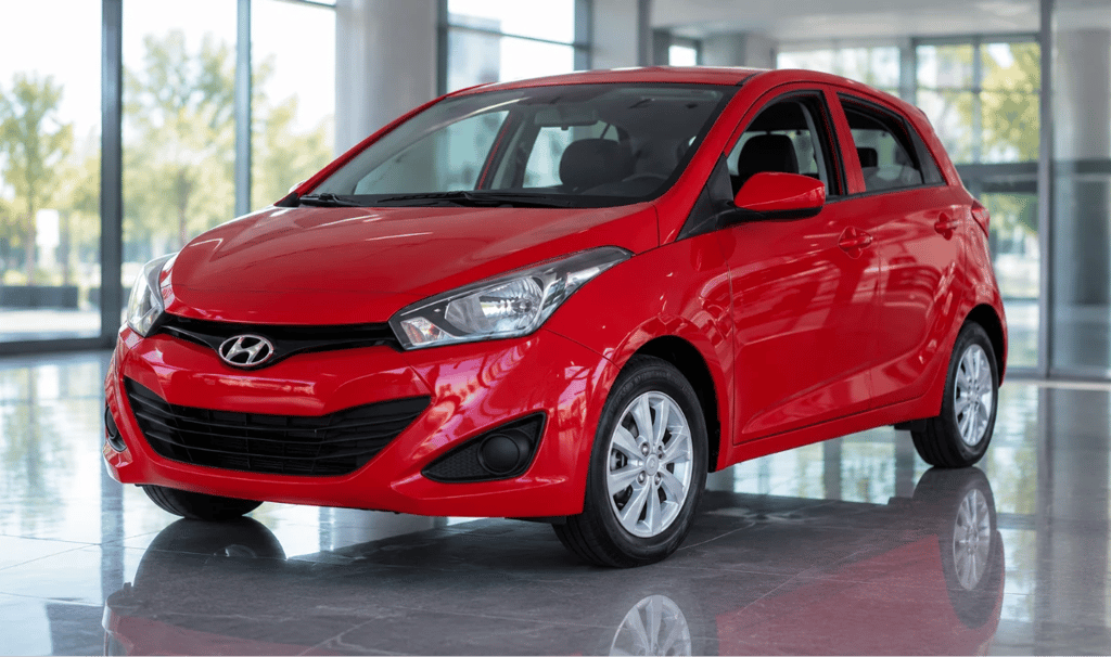 Hyundai HB20 vermelho em showroom moderno ilustrando a valorização do carro usado