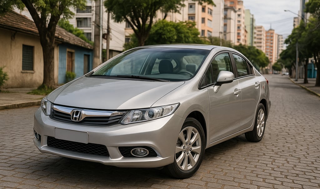 Honda Civic 2013 prata estacionado em rua urbana brasileira com prédios e árvores ao fundo sob luz n