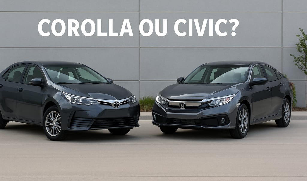 Comparativo entre Toyota Corolla e Honda Civic usados, lado a lado, em cenário urbano