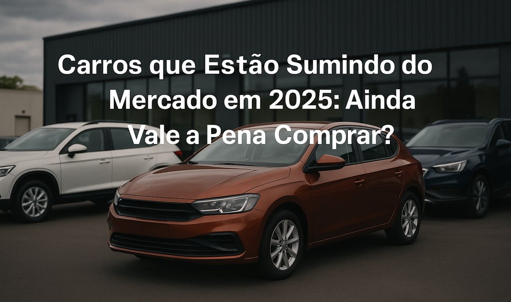 Concessionária de carros com modelos populares estacionados, em destaque um hatch marrom metálico. T