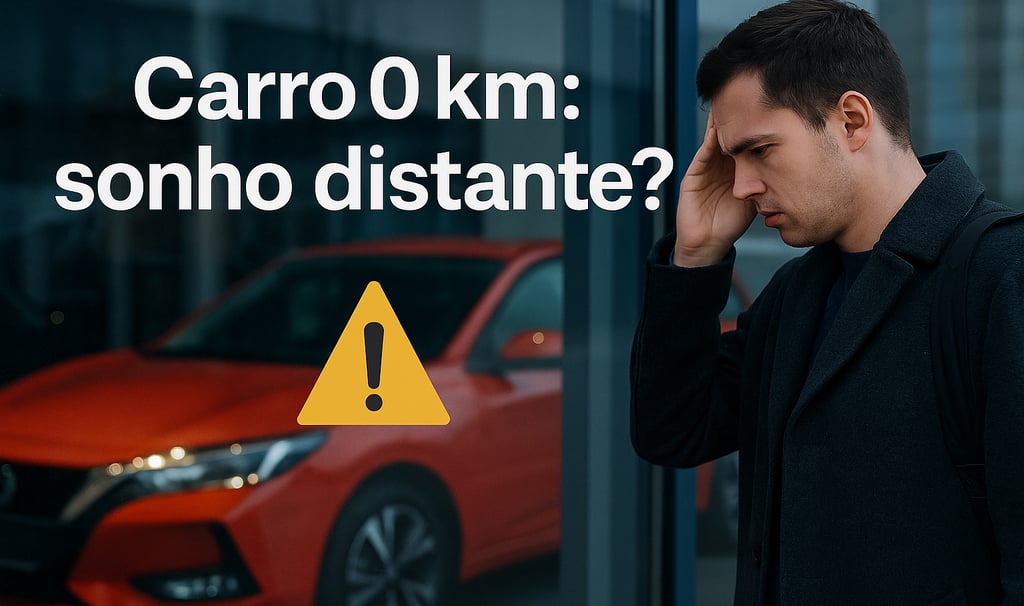Homem com expressão de frustração encostado em uma vitrine de concessionária, observando um carro 0