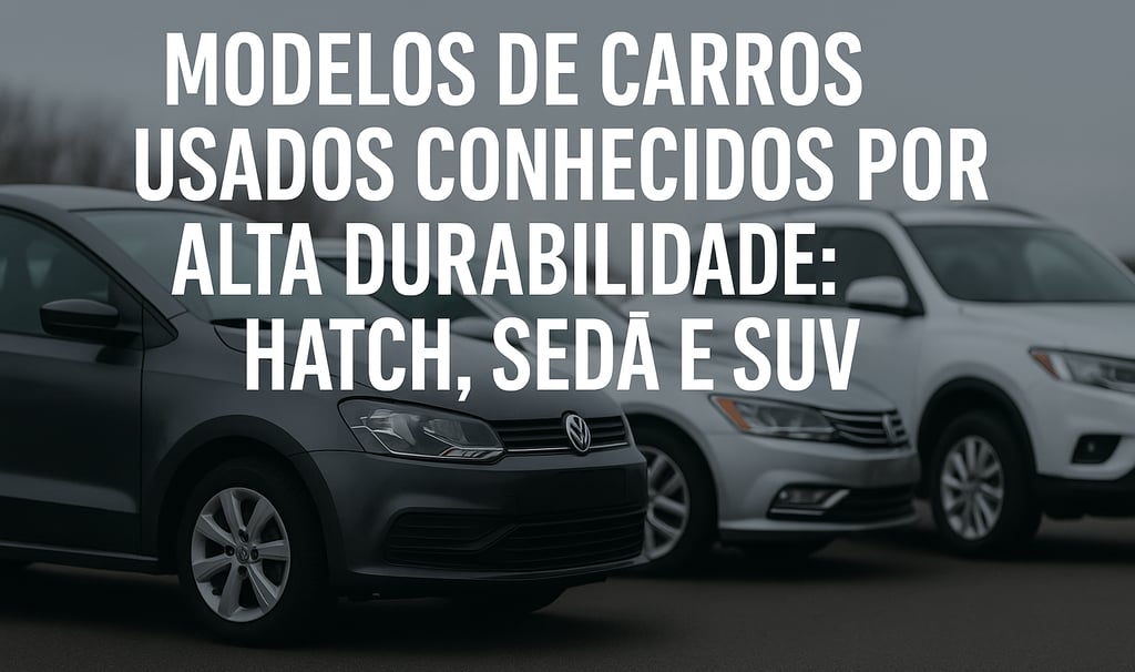 Modelos de carros usados conhecidos por alta durabilidade: hatch, sedã e SUV. Três veículos — um hat