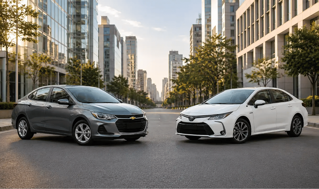 Chevrolet Onix Plus e Toyota Corolla XEi frente a frente em avenida com cenário urbano moderno.