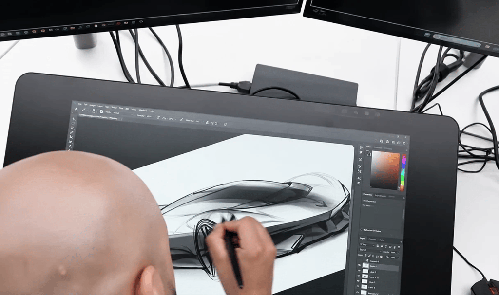 Designer da GM criando conceito do Corvette C9 em mesa digital durante desenvolvimento