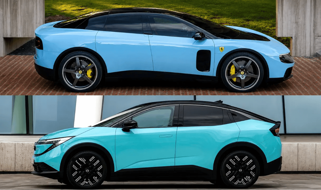 Comparativo visual entre Ferrari Luce e Nissan Leaf elétricos vistos de perfil