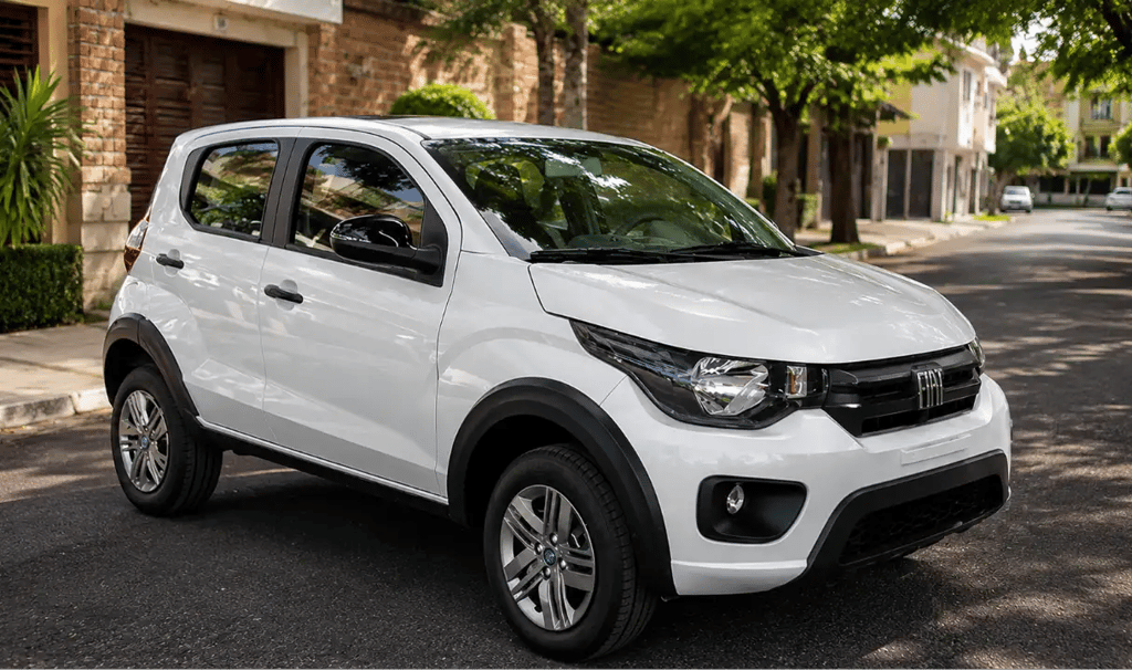Fiat Mobi Like 2026 branco estacionado em rua residencial arborizada.