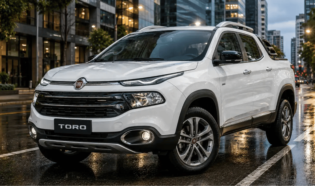 Fiat Toro Volcano 2016 branca em avenida urbana com placa Toro e rua molhada