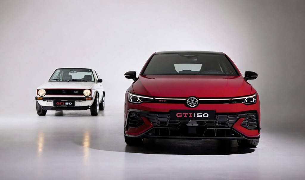 Golf GTI 2026 ao lado de modelo clássico da Volkswagen mostrando evolução do esportivo