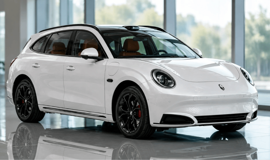 Ora 7 elétrico em showroom moderno destaca nova perua desenvolvida pela GWM e BMW