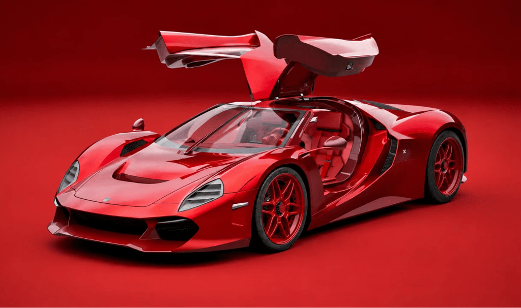 Hipercarro vermelho Tutto Rosso com portas abertas e visual futurista esportivo