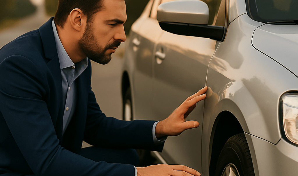 Homem examinando com atenção a lateral dianteira de um carro prateado estacionado em uma estrada dur