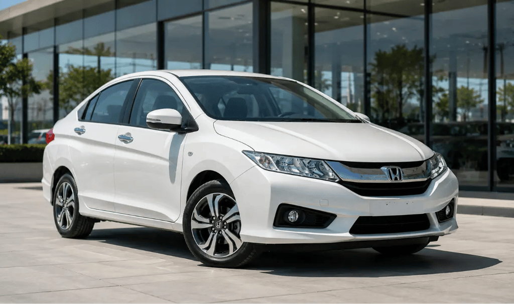 Honda City 2015 branco em showroom externo moderno com vista frontal 3/4 sem placa dianteira