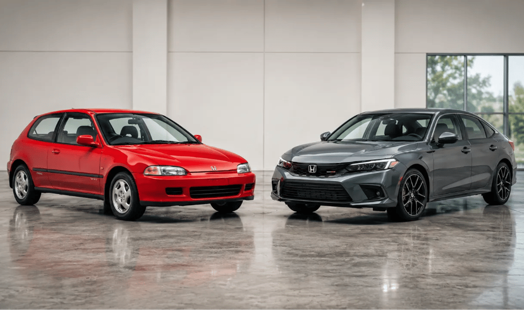Comparativo entre Honda Civic antigo e modelo atual mostrando a evolução do sedã