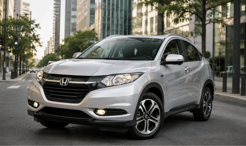 Honda HR-V 2016 prata em rua urbana com faróis acesos e vista frontal em três quartos.