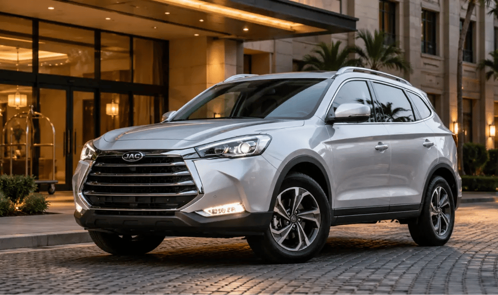 JAC T80 estacionado em frente a hotel moderno, SUV de 7 lugares aceito no Uber Black