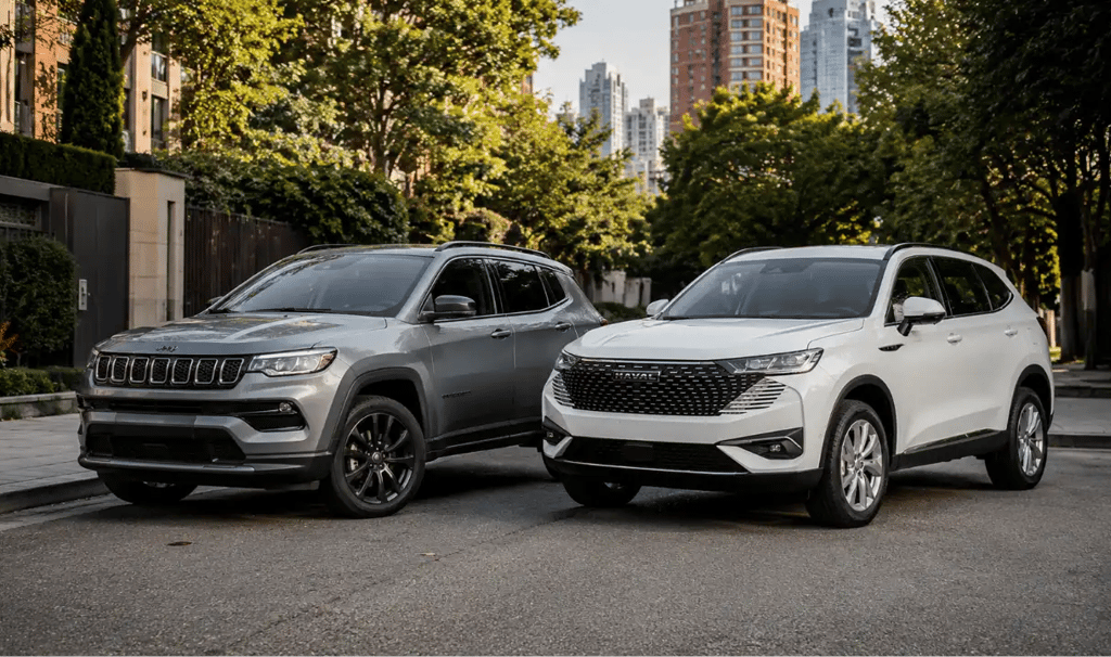 Jeep Compass Longitude e GWM Haval H6 HEV estacionados em cenário urbano