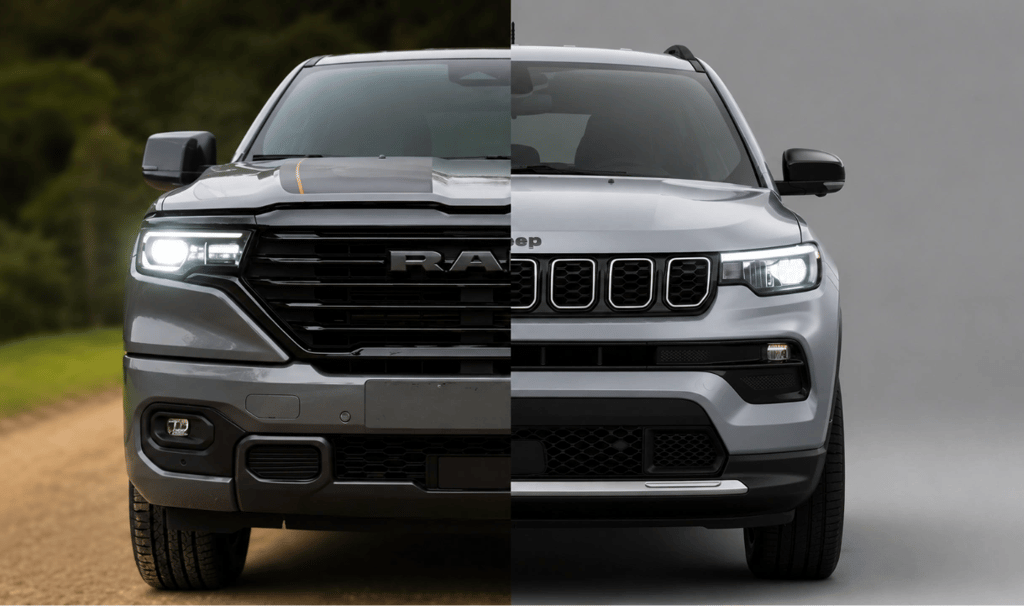 Comparativo frontal entre Jeep Compass e Ram Rampage destacando a semelhança mecânica.
