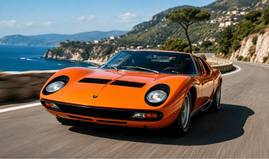 Lamborghini Miura vermelha em alta velocidade em estrada litorânea cercada por montanhas e mar azul.