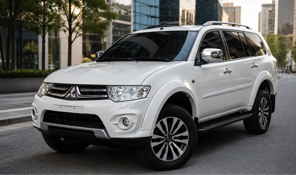 Mitsubishi Pajero Dakar branca estacionada em cenário urbano com vista frontal lateral