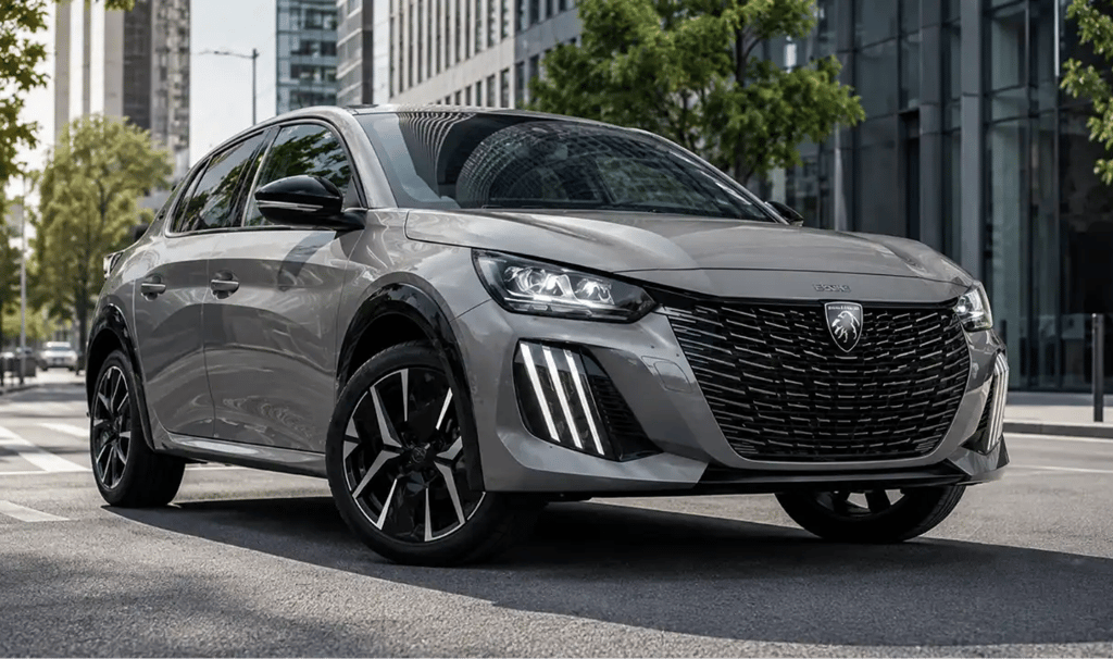 Peugeot 208 Hybrid cinza em ambiente urbano