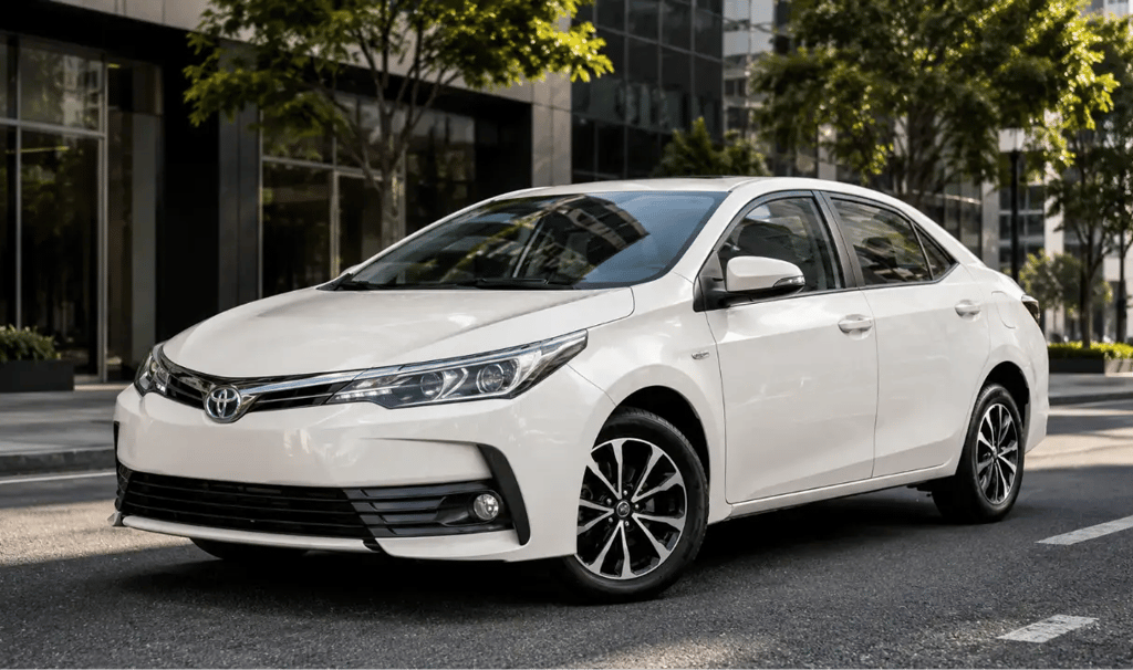 Toyota Corolla 2019 branco em ambiente urbano com vista frontal em três quartos