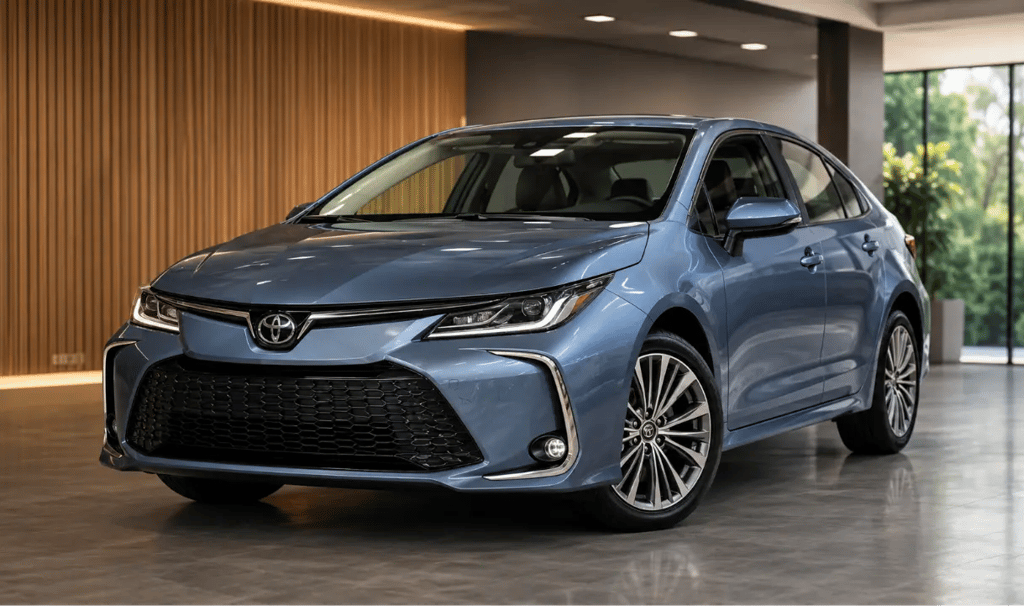 Toyota Corolla XEi 2026 azul exibido em showroom moderno com iluminação natural
